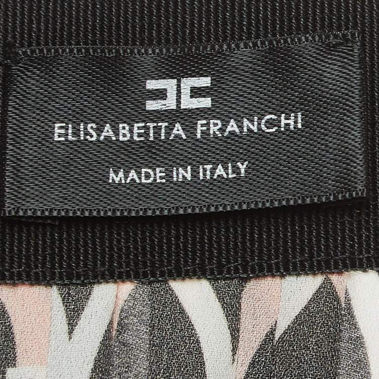 Pre Owned Elisabetta Franchi Black/Beige Printed Pleated Crepe Midi Skirt L