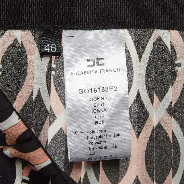 Pre Owned Elisabetta Franchi Black/Beige Printed Pleated Crepe Midi Skirt L
