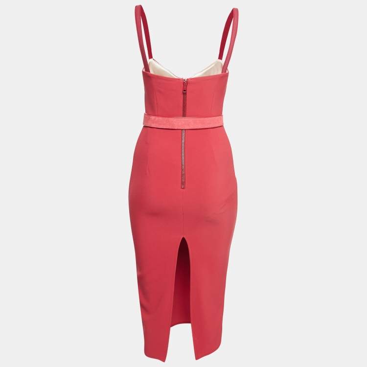 Pre Owned Elisabetta Franchi Pink Crepe Belted Fitted Midi Dress S