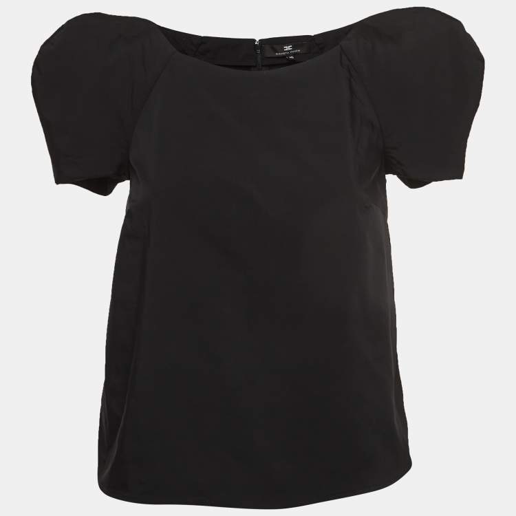 Pre Owned Elisabetta Franchi Black Stretch Nylon Short Sleeve Relaxed Blouse S