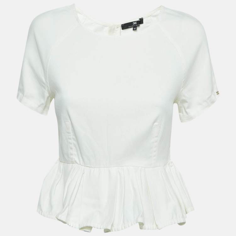 Pre Owned Elisabetta Franchi White Denim Gathered Short Sleeve Blouse M