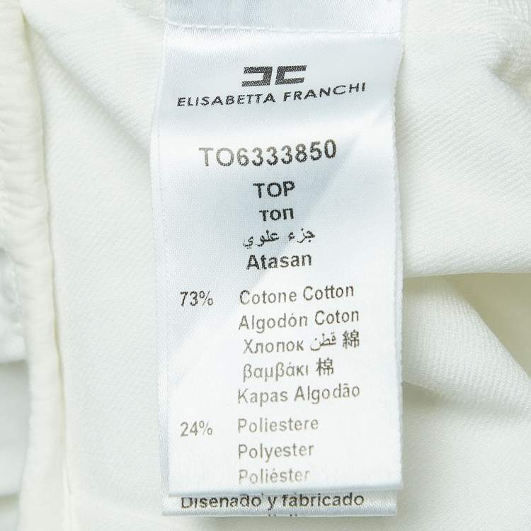 Pre Owned Elisabetta Franchi White Denim Gathered Short Sleeve Blouse M