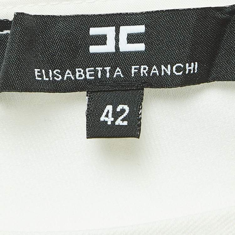 Pre Owned Elisabetta Franchi White Denim Gathered Short Sleeve Blouse M