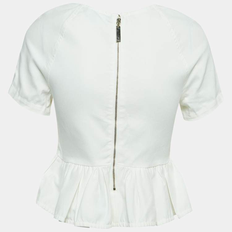 Pre Owned Elisabetta Franchi White Denim Gathered Short Sleeve Blouse M