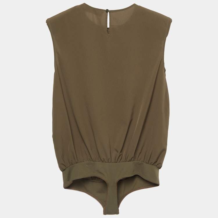 Pre Owned Elisabetta Franchi Olive Green Synthetic Button Embellished Bodysuit M