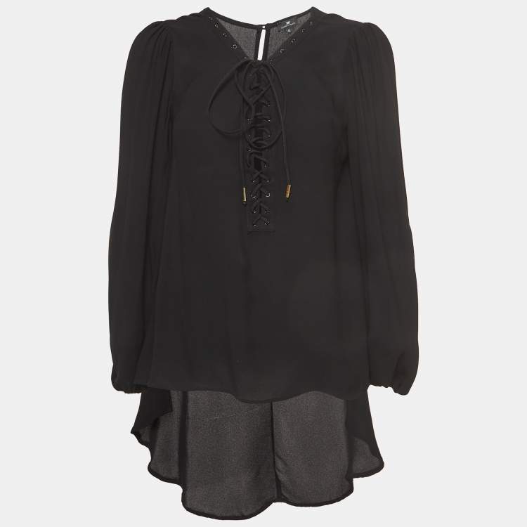 Pre Owned Elisabetta Franchi Black Crepe Lace-Up Neck Camicia Blouse L