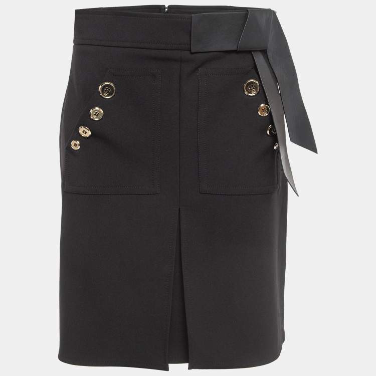 Pre Owned Elisabetta Franchi Black Leather Trim Stretch Crepe Button Detail Mini Skirt L
