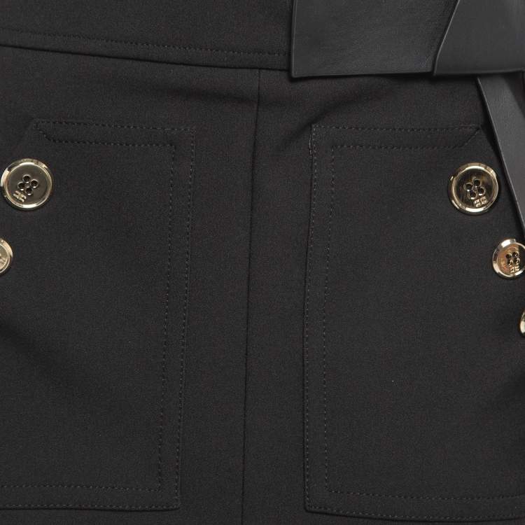 Pre Owned Elisabetta Franchi Black Leather Trim Stretch Crepe Button Detail Mini Skirt L