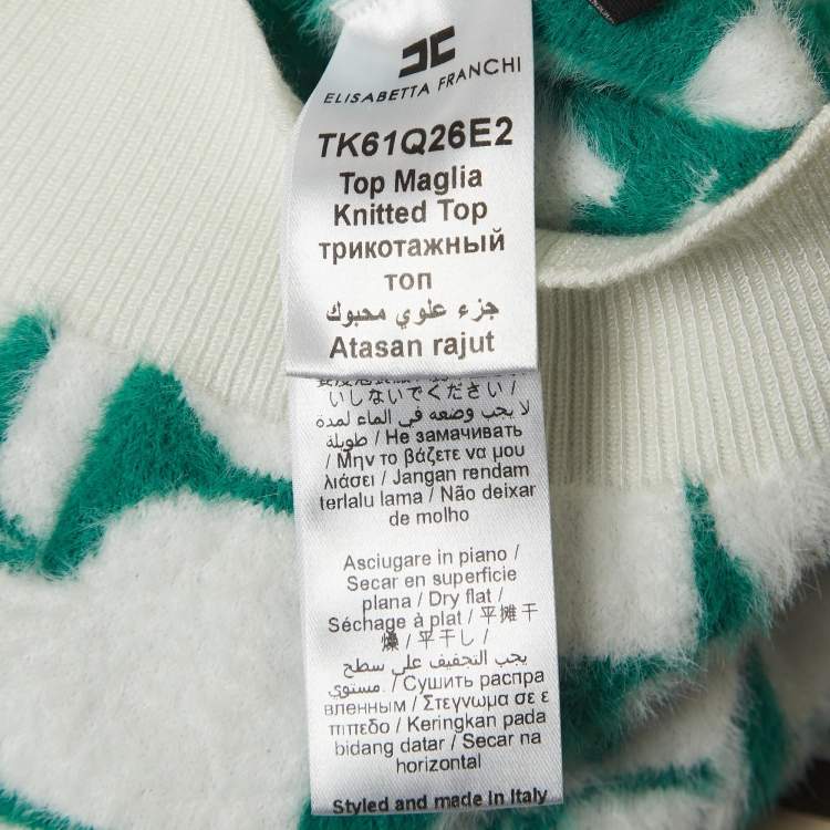 Pre Owned Elisabetta Franchi Green/White Lettering Fur Knit Balloon Sleeve Crop Top S