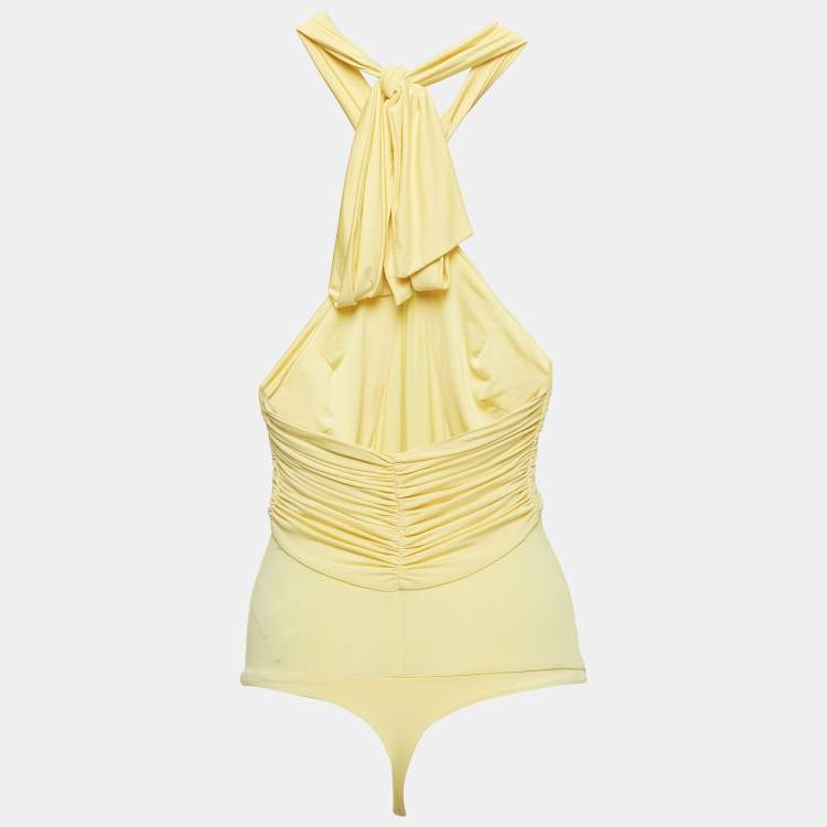 Pre Owned Elisabetta Franchi Yellow Metallic Logo Jersey Ruched Tie-Up Neck Bodysuit S