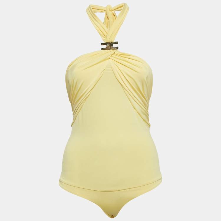 Elisabetta Franchi Yellow Metallic Logo Jersey Ruched Tie-Up