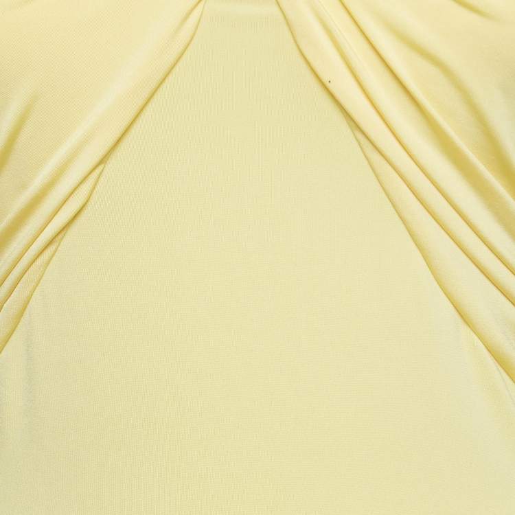 Pre Owned Elisabetta Franchi Yellow Metallic Logo Jersey Ruched Tie-Up Neck Bodysuit S