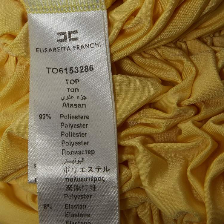 Pre Owned Elisabetta Franchi Yellow Metallic Logo Jersey Ruched Tie-Up Neck Bodysuit S