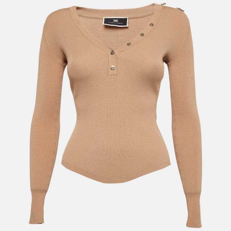 Pre Owned Elisabetta Franchi Beige Rib Knit Tricot Sweater Top S
