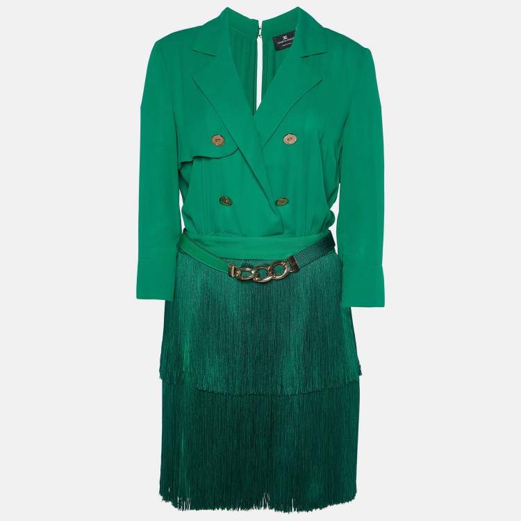 Pre Owned Elisabetta Franchi Green Crepe Fringed Mini Dress M