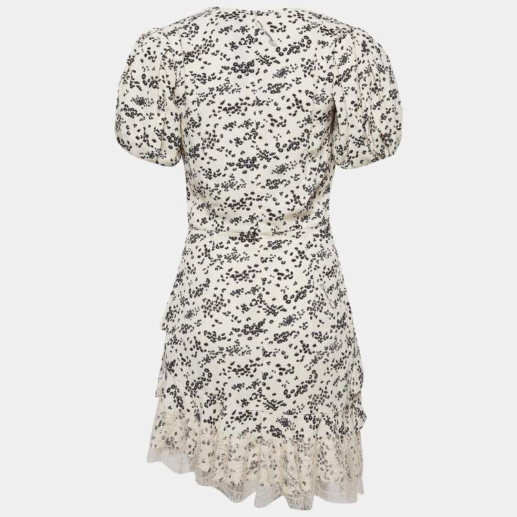 Pre Owned Elisabetta Franchi Cream Floral Print Lace Trim Crepe Tiered Mini Dress M