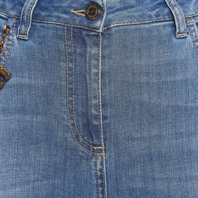 Pre Owned Elisabetta Franchi Blue Denim Chain Embellished Jeans M Waist 29"