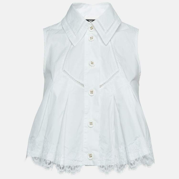Pre Owned Elisabetta Franchi White Lace Trimmed Cotton Pleated Crop Shirt S   