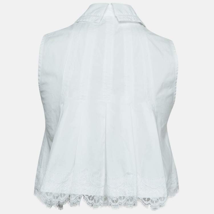 Pre Owned Elisabetta Franchi White Lace Trimmed Cotton Pleated Crop Shirt S   