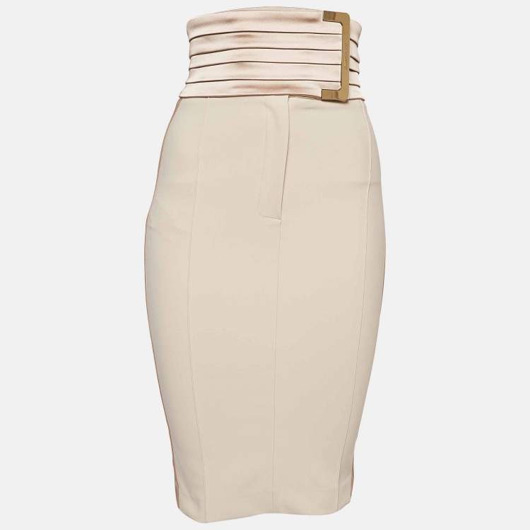 Pre Owned Elisabetta Franchi Beige Gold Stretch Crepe Short Skirt S