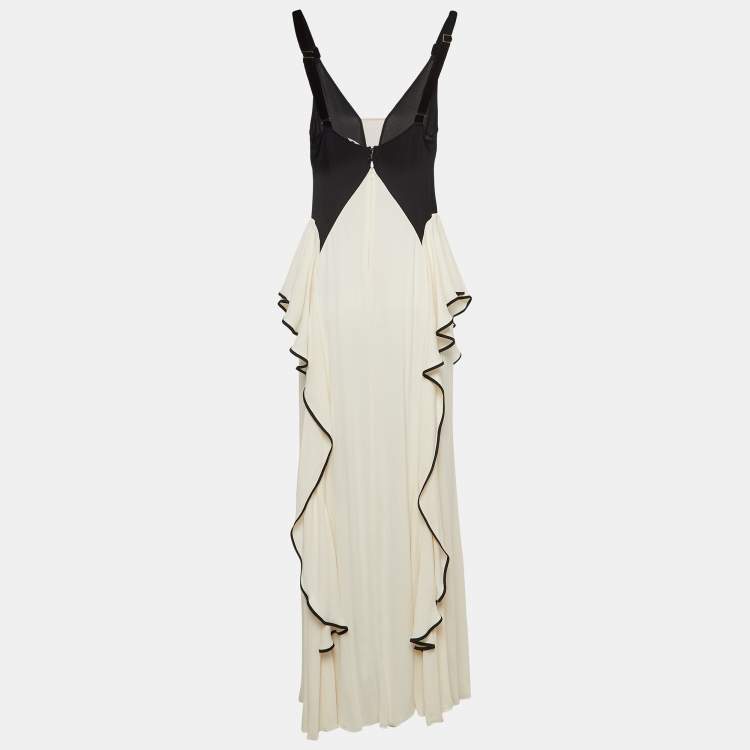 Pre Owned Elisabetta Franchi Cream Velvet Bow and Georgette Ruffled Maxi Dress M