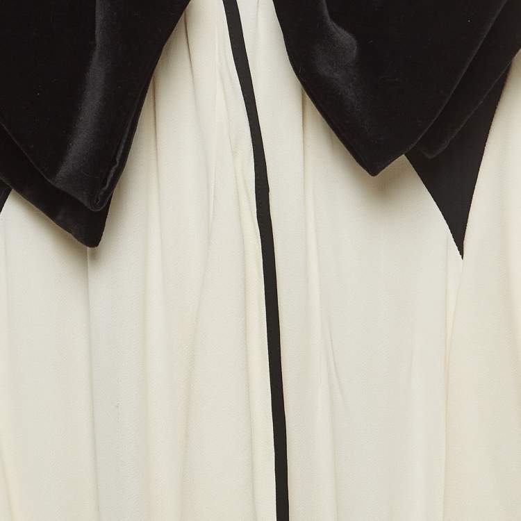 Pre Owned Elisabetta Franchi Cream Velvet Bow and Georgette Ruffled Maxi Dress M