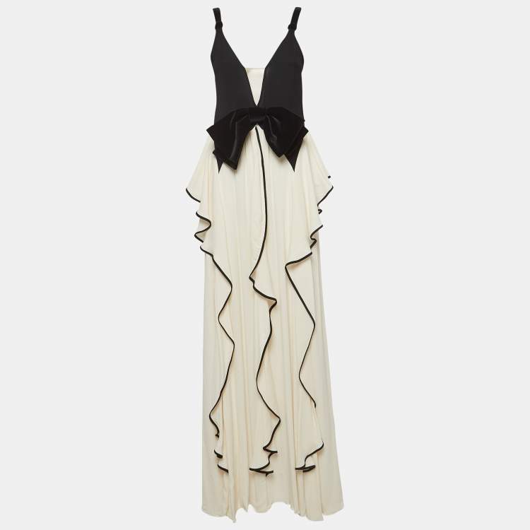 Pre Owned Elisabetta Franchi Cream Velvet Bow and Georgette Ruffled Maxi Dress M