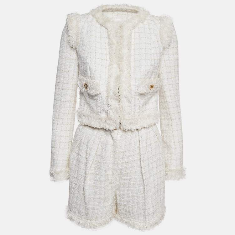 Pre Owned Elisabetta Franchi Off-White Patterned Tweed Shorts and Blazer Set S