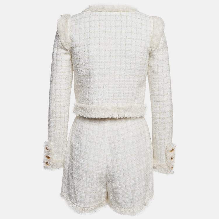 Pre Owned Elisabetta Franchi Off-White Patterned Tweed Shorts and Blazer Set S
