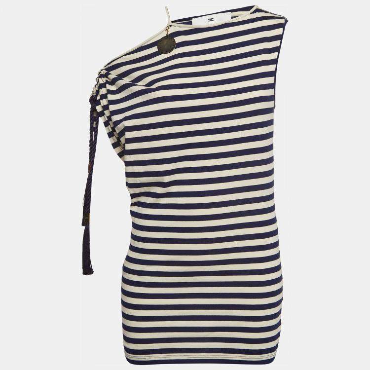 Pre Owned Elisabetta Franchi Blue Marine Stripe Jersey Asymmetric Sleeve Top S