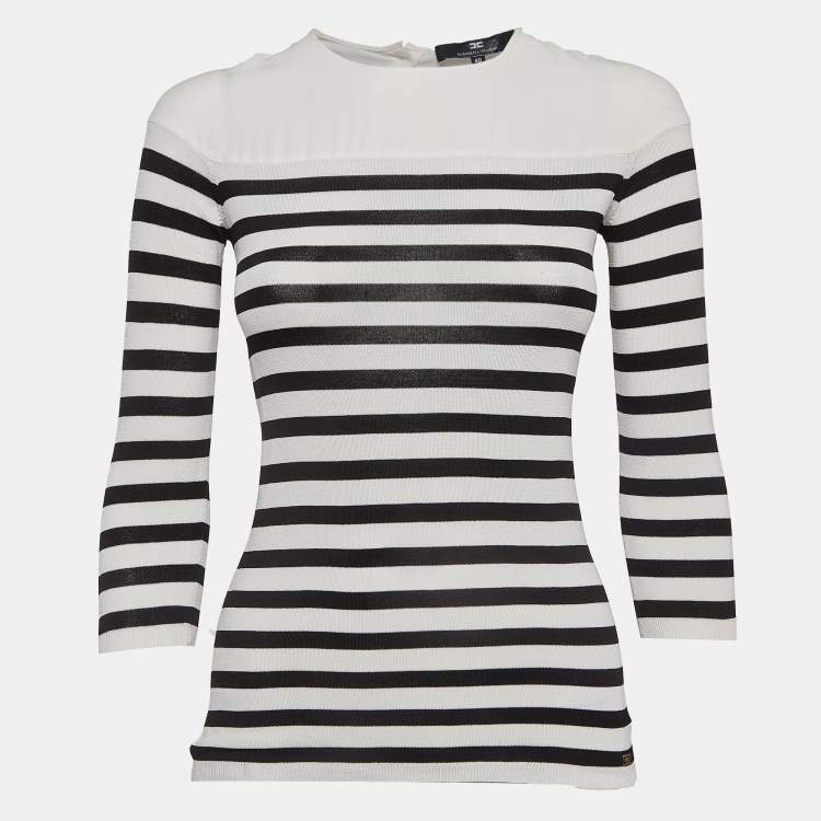 Pre Owned Elisabetta Franchi White & Black Strip Patterned Knit Sweater M