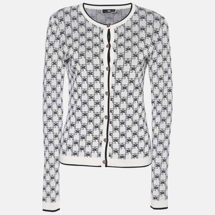 Pre Owned Elisabetta Franchi Ivory Logo Pattern Knit Skirt & Cardigan Set S 