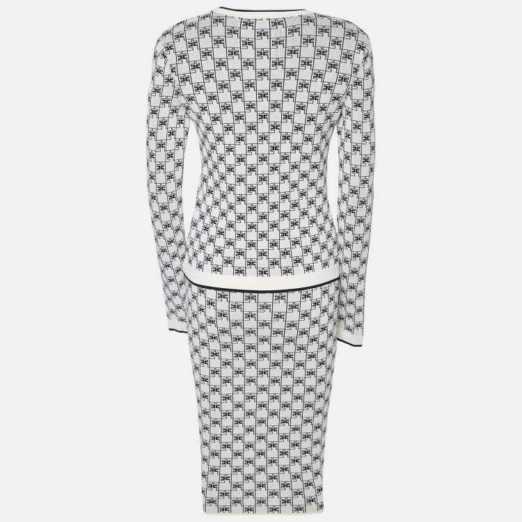 Pre Owned Elisabetta Franchi Ivory Logo Pattern Knit Skirt & Cardigan Set S 