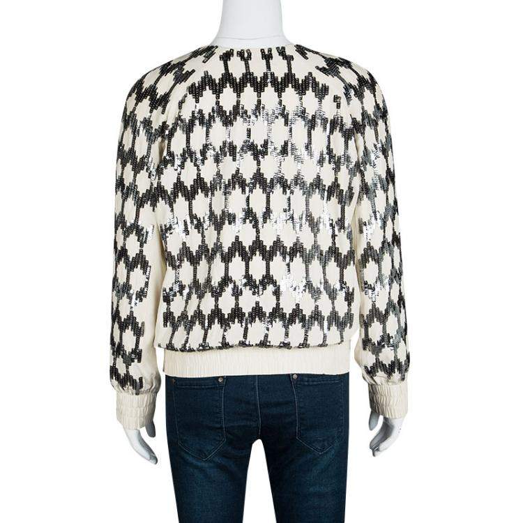 Pre Owned Elizabeth & James Cream Silk Sequin Embellished Track Jacket S