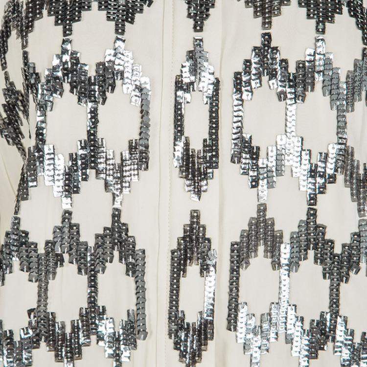 Pre Owned Elizabeth & James Cream Silk Sequin Embellished Track Jacket S