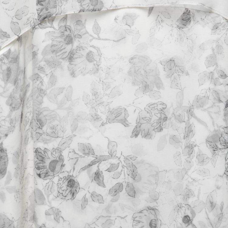 Pre Owned Elizabeth and James Pale Grey Floral Print Silk Embellished Handkerchief Hem Maylie Dress M