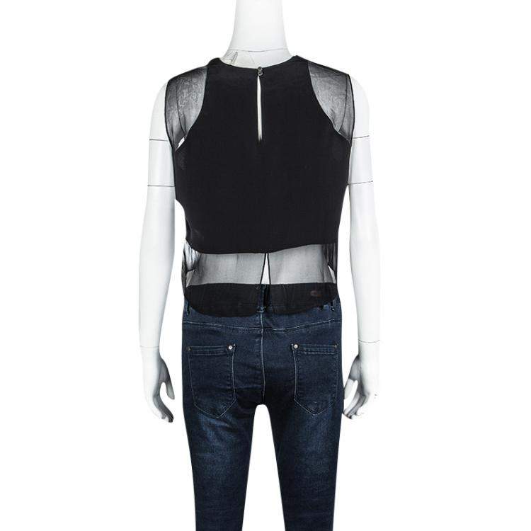 Pre Owned Elizabeth and James Black Silk Sheer Panel Detail Crop Top M
