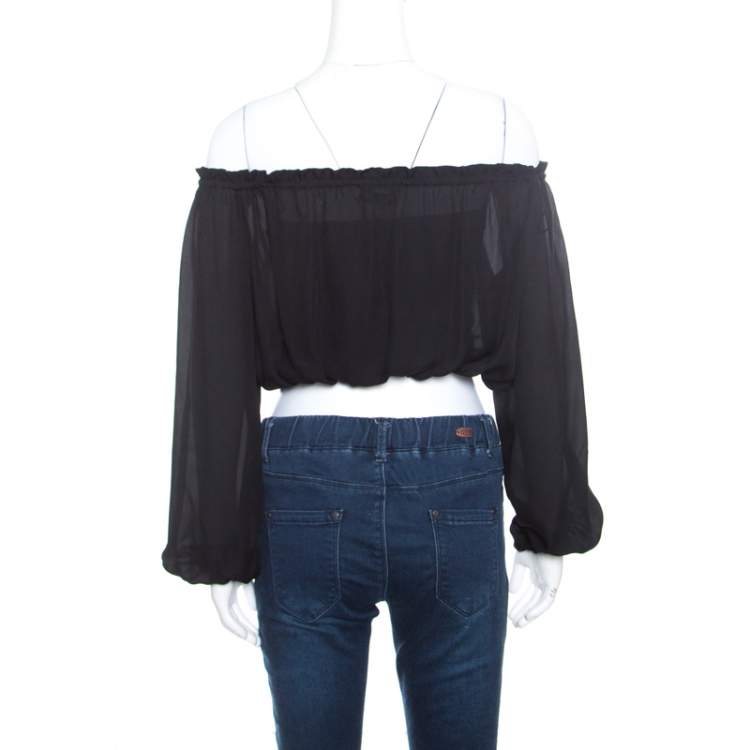 Pre Owned Elizabeth and James Black Sheer Silk Off Shoulder Denny Peasant Crop Top S