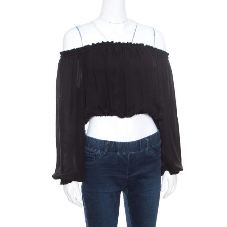 Pre Owned Elizabeth and James Black Sheer Silk Off Shoulder Denny Peasant Crop Top S