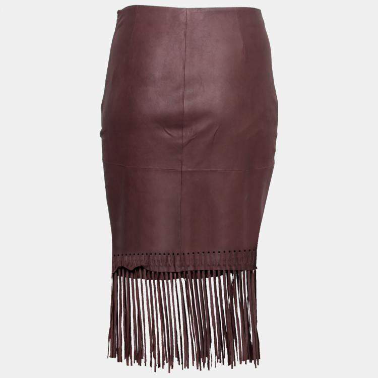Pre Owned Elizabeth and James Brown Goat Leather Fringed Hem Jaxson Skirt S