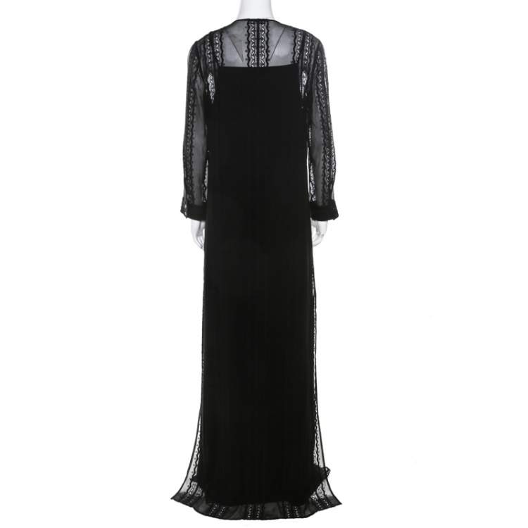Pre Owned Elizabeth & James Black Embroidered Silk Georgette Mia Maxi Dress L 