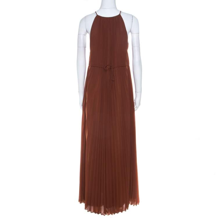 Pre Owned Elizabeth & James Cinnamon Brown Pleated Chiffon Cadence Maxi Dress S