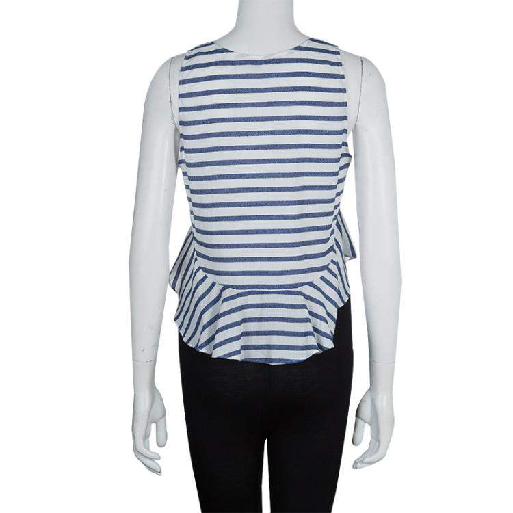 Pre Owned Elizabeth and James White and Blue Striped Peplum Top S