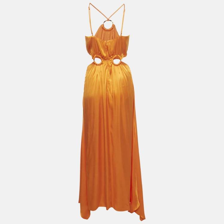 Pre Owned Elliatt Orange Satin Ring Detail Asymmetric Maxi Dress XXS