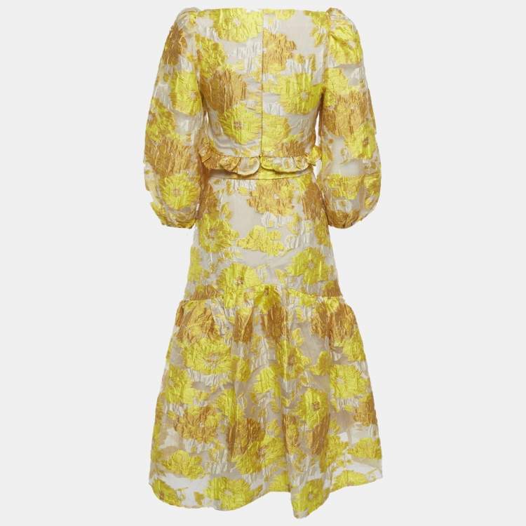 Pre Owned Elliatt Yellow Organza Cropped Ruffle Top and High Rise Skirt Prowess Set XS