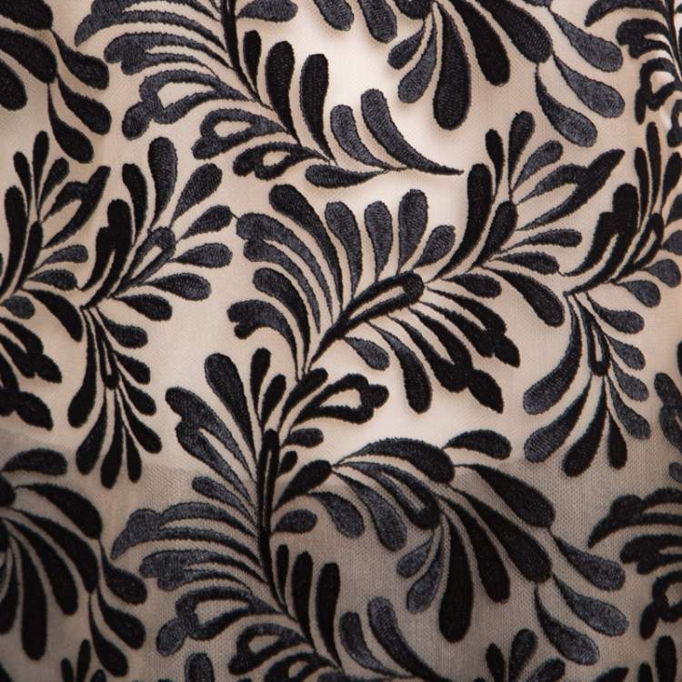 Pre Owned Emanuel Ungaro Black And Beige Foliage Embroidered Sleeveless Top L