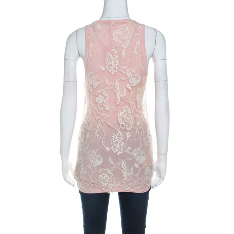 Pre Owned Emanuel Ungaro Pale Pink Floral Lace Overlay Tank Top L