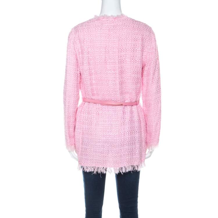 Pre Owned Emanuel Ungaro Pink Tweed Embellished Detail Top & Belted Jacket Set S