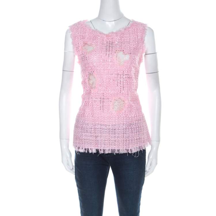 Pre Owned Emanuel Ungaro Pink Tweed Embellished Detail Top & Belted Jacket Set S