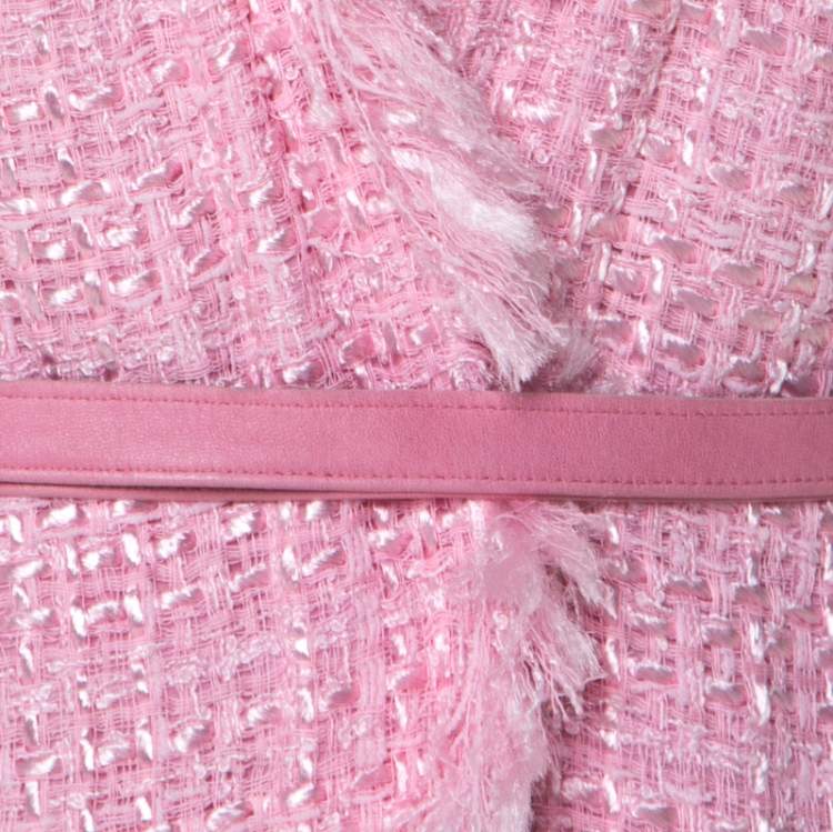 Pre Owned Emanuel Ungaro Pink Tweed Embellished Detail Top & Belted Jacket Set S